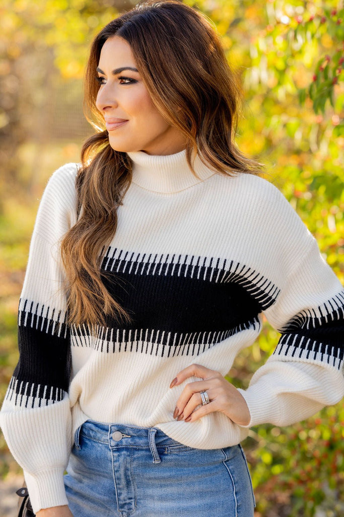 Lined Stripe Relaxed Sleeve Turtleneck Sweater - Betsey's Boutique Shop -