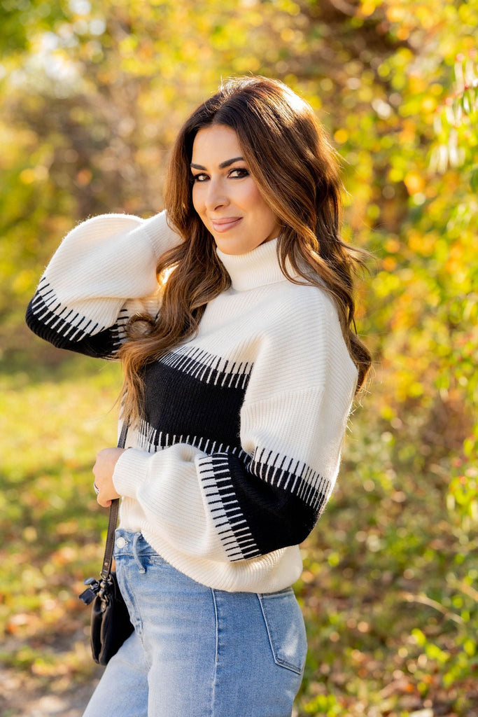 Lined Stripe Relaxed Sleeve Turtleneck Sweater - Betsey's Boutique Shop -