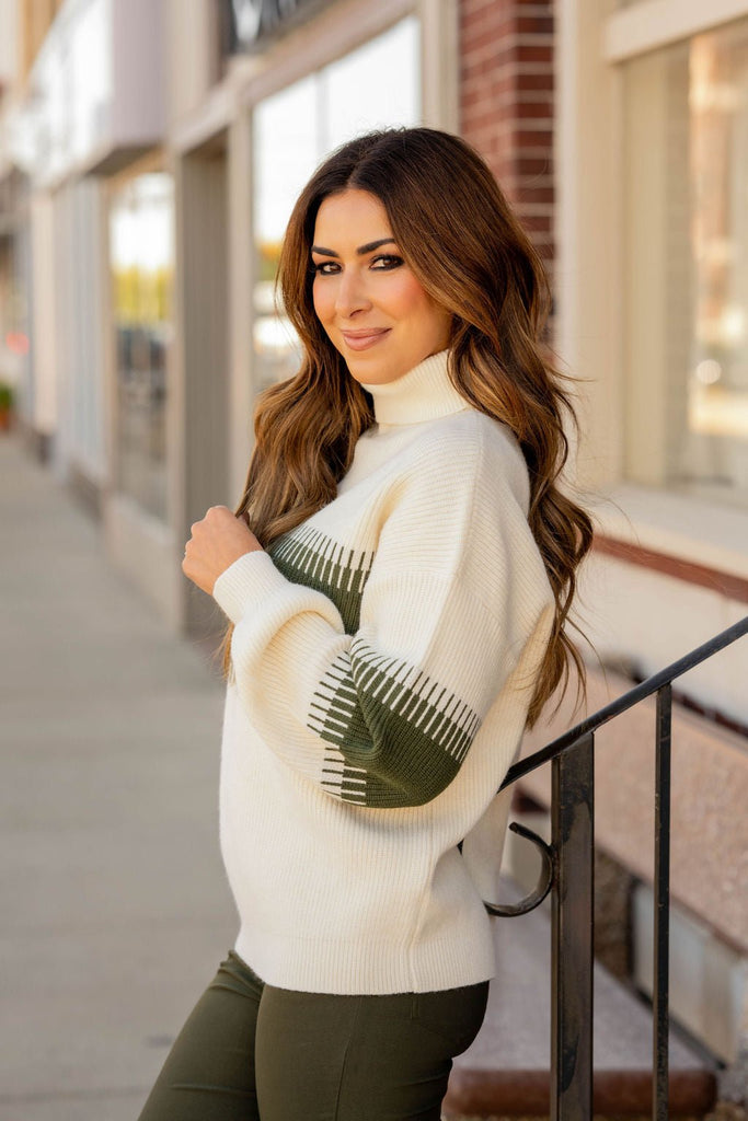 Lined Stripe Relaxed Sleeve Turtleneck Sweater - Betsey's Boutique Shop -