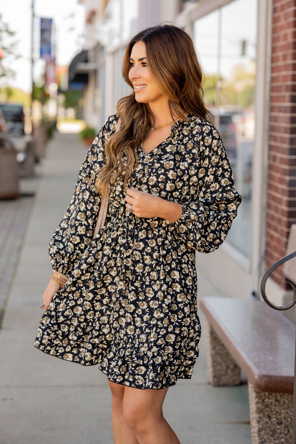 Floral Double Ruffle Bottom Dress Black / S Floral Double Ruffle Bottom Dress Black / S