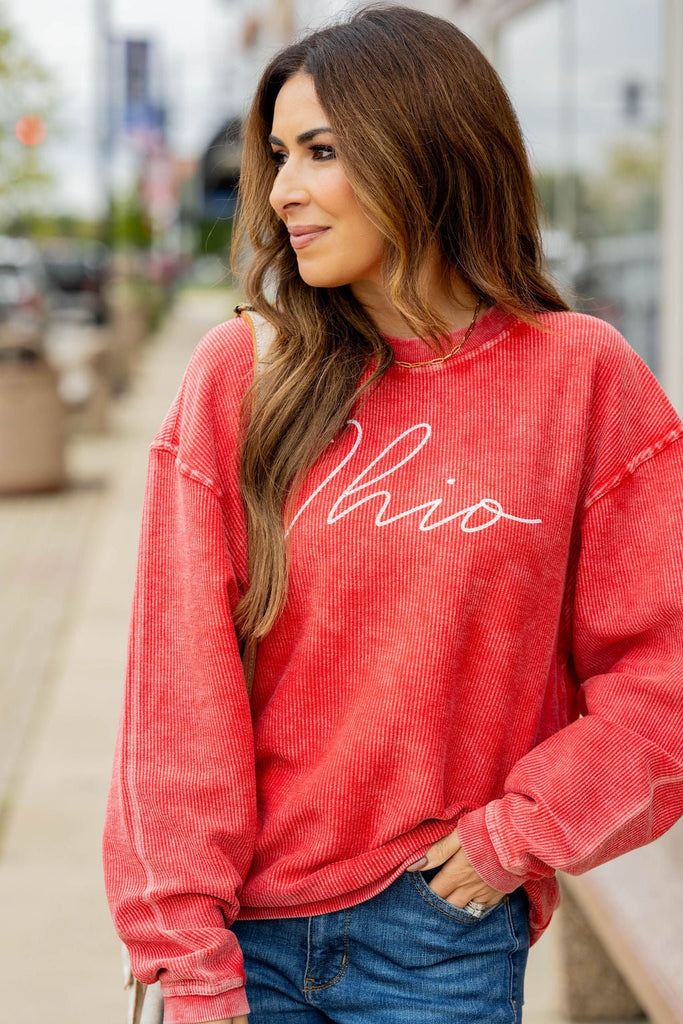 Cursive Ohio Ribbed Graphic Crewneck - Betsey's Boutique Shop -