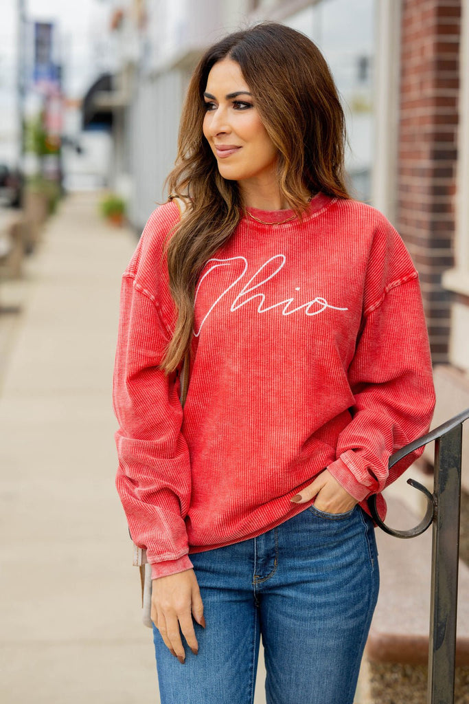 Cursive Ohio Ribbed Graphic Crewneck - Betsey's Boutique Shop -