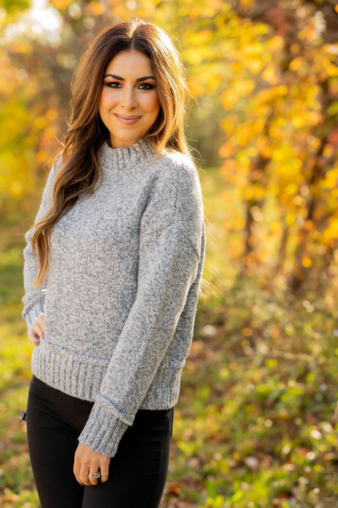 Ribbed Trim Heathered Sweater - Betsey's Boutique Shop -