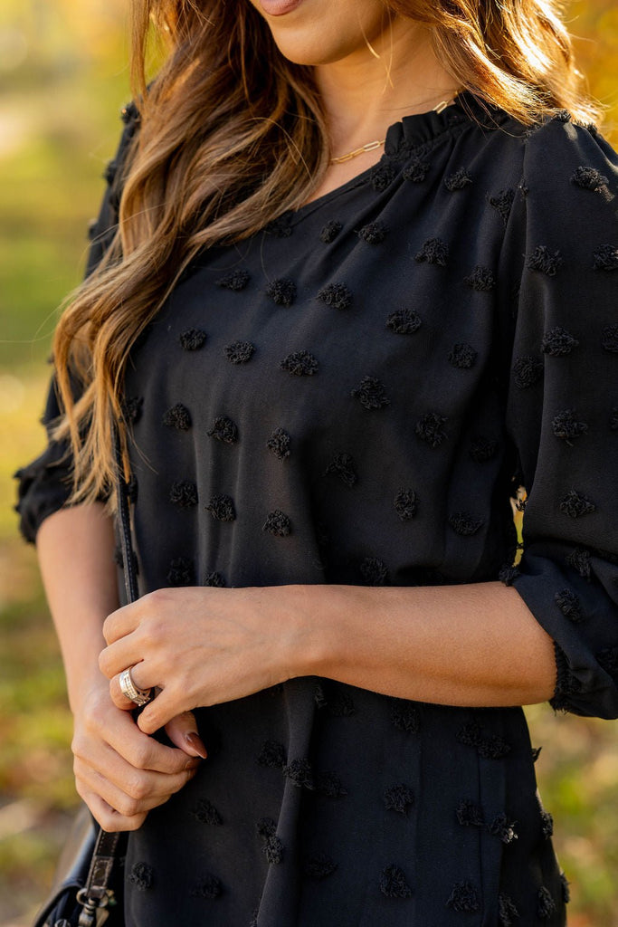 Textured Dot 3/4 Sleeve V Blouse - Betsey's Boutique Shop -