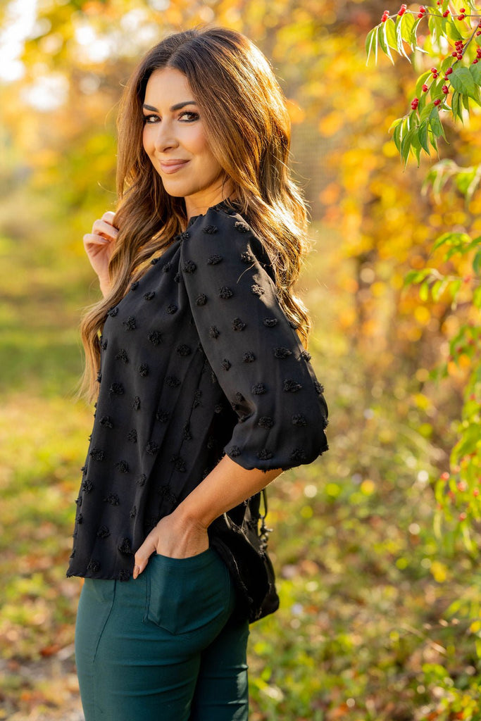 Textured Dot 3/4 Sleeve V Blouse - Betsey's Boutique Shop -