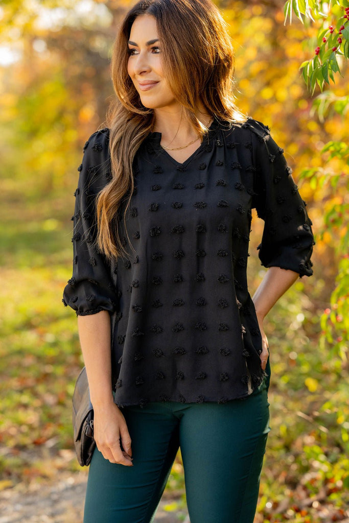 Textured Dot 3/4 Sleeve V Blouse - Betsey's Boutique Shop -