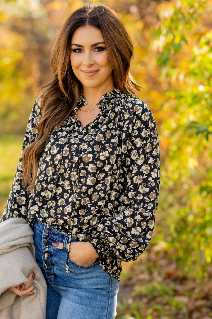 Floral Cinched Trim Tie Blouse - Betsey's Boutique Shop -