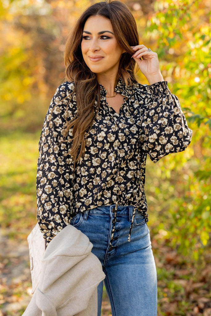 Floral Cinched Trim Tie Blouse - Betsey's Boutique Shop -