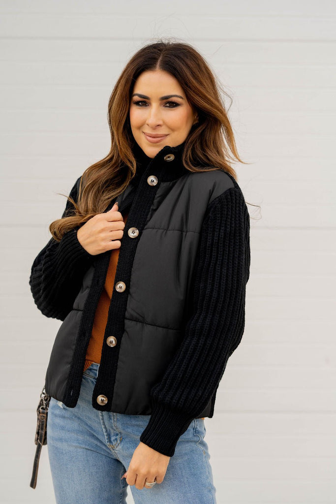 Puffer Body Knit Button Up Jacket - Betsey's Boutique Shop -