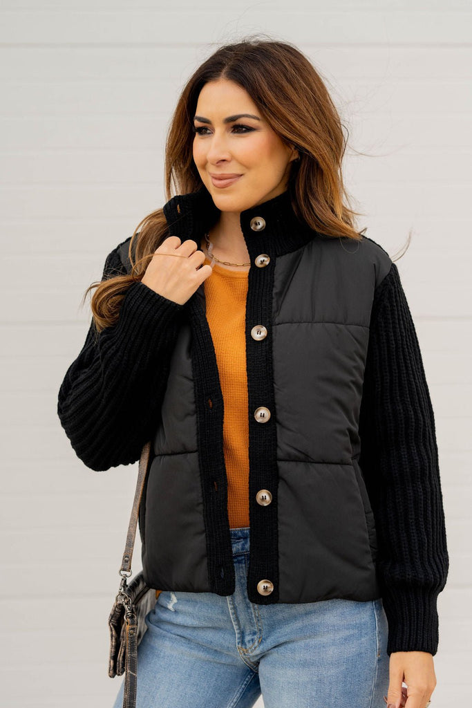 Puffer Body Knit Button Up Jacket - Betsey's Boutique Shop -