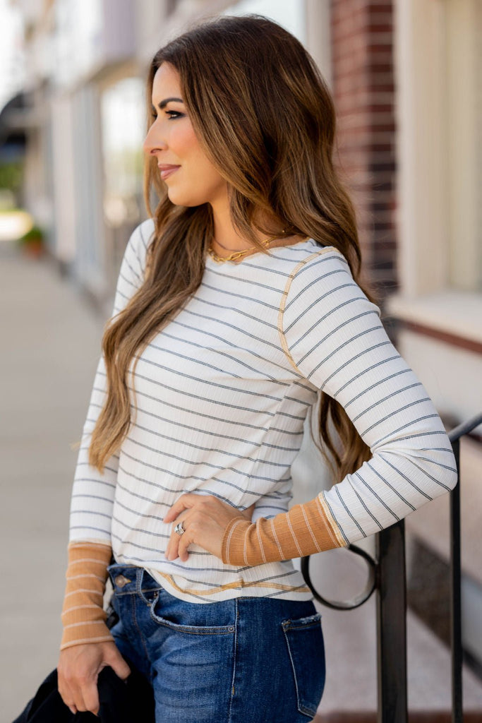 Stylish Striped Thermal Cuffed Tee - Betsey's Boutique Shop