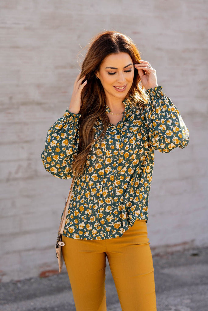 Floral Cinched Trim Tie Blouse - Betsey's Boutique Shop -