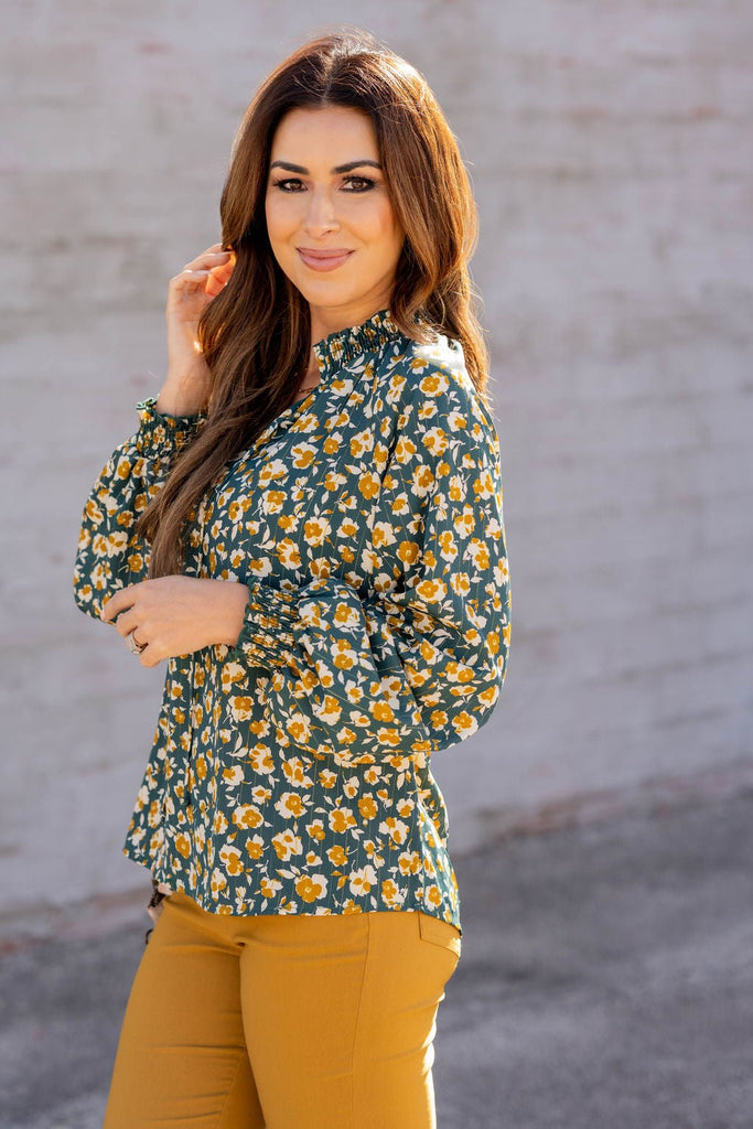 Floral Cinched Trim Tie Blouse - Betsey's Boutique Shop -