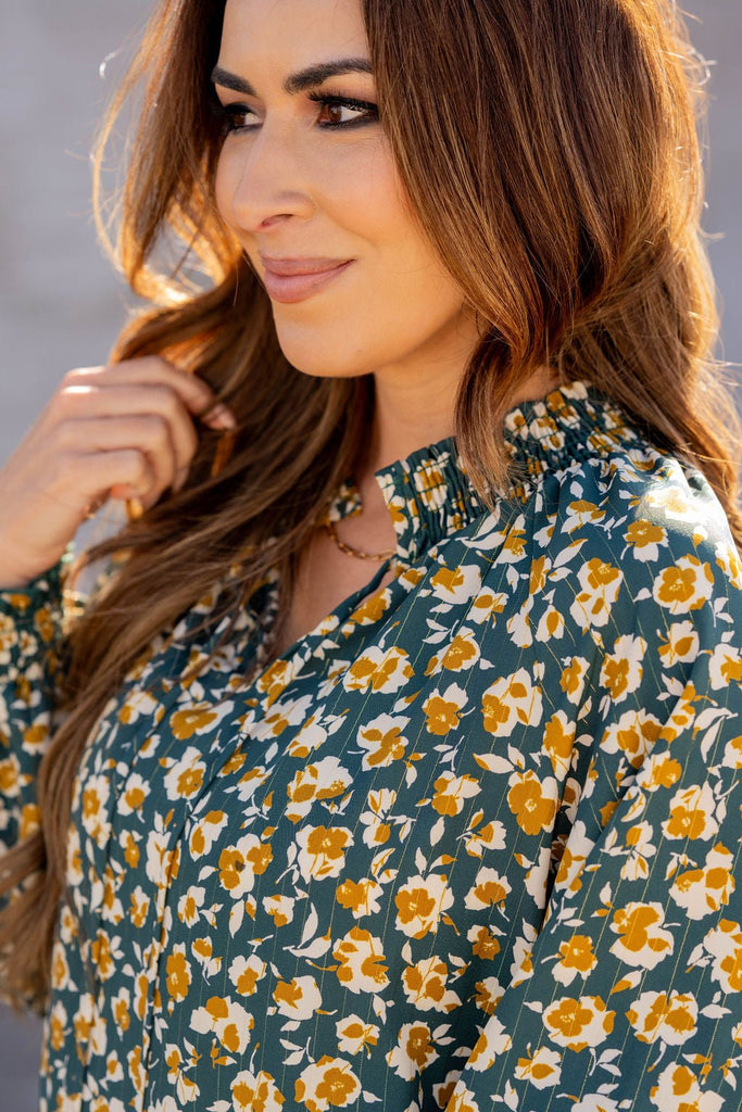 Floral Cinched Trim Tie Blouse - Betsey's Boutique Shop -