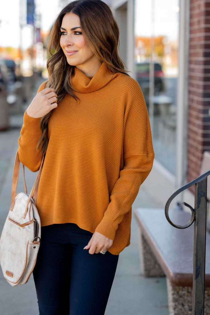 Waffled Turtleneck Sweater Tee - Betsey's Boutique Shop -